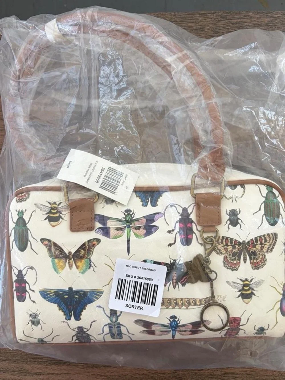 White Botanical Insect-Print Satchel with Tan Straps